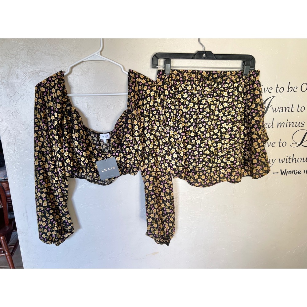 Le Lis Floral Puff Sleeve Crop Top Tiered Mini Skirt Set Cottagecore Boho Co-ord - Picture 4 of 7